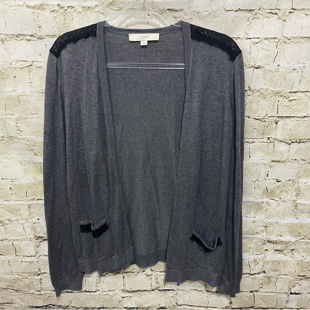 LOFT Gray Black Lace Open Front Cardigan Sweater With Pockets